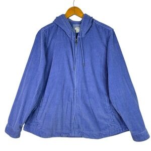 L.L.Bean Womens Corduroy Hooded Jacket Blue Full Zip Cozy Casual‎ Plus Size
